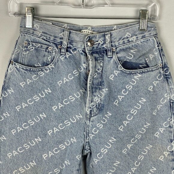 Pacsun Jeans Womens Lightwash Button Fly All Over Logo Words Dad Jeans Unique 26 - Picture 2 of 12